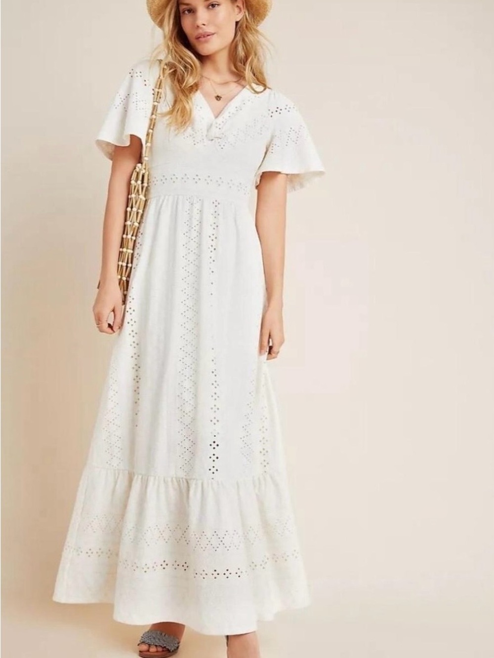 Maeve Anthropologie White Eyelet Maxi Dress with Flutter Sleeves